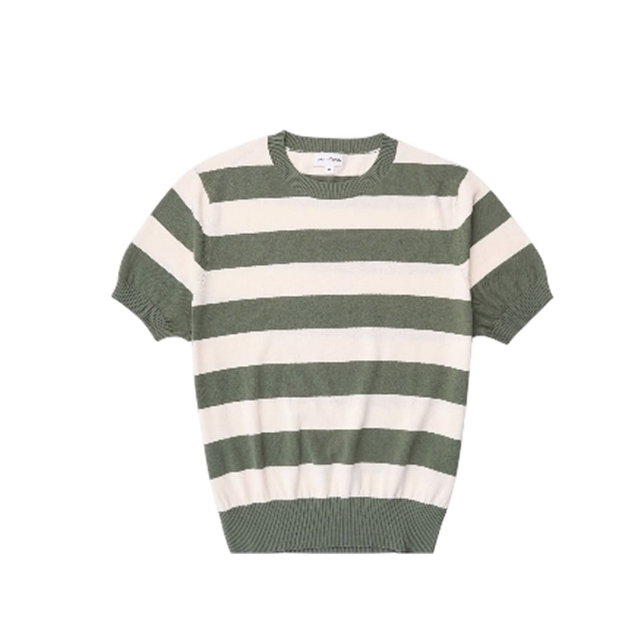SPIER & MACKAY - Olive & Off White Cool Cotton Short Sleeve Crewneck